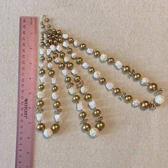 Vintage Signed Japan Gold & White Beaded Statement Necklace Multi-Strand Layered - Picture 9 of 11